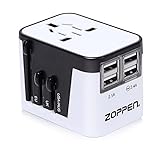 Zoppen International Travel Adapter 4 USB Charging Port Smart Wall Charger, All-in-one Universal Plug (US/JP UK EU AU/CN) w/ Worldwide Outlets & AC Socket - Surge Protector, Black / White