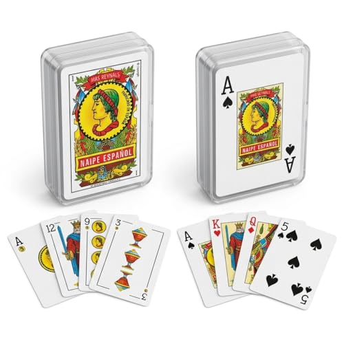 Juego de 2 Barajas Cartas Clásicas Plastificadas Originales de Colección: 1 Baraja Cartas Española + 1 Mazo Naipes de Poker Español. En Caja Plástico para Transportar. Mus, Escoba, Brisca, Póquer