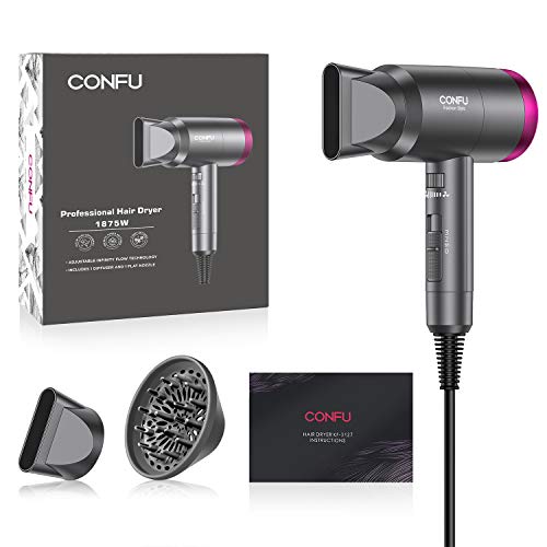 Ionic Hair Dryer, CONFU 1875W Professional Salon Negative Ionic Fast Drying Hair Blow Dryer with 3 Heat Settings, Infinity Speed Settings & Cool Settings, 1 Diffuser and 1 Concentrator Nozzles