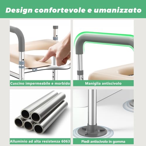 Rialzo WC per Anziani, Alzata per WC Regolabile in Altezza Alzawater per Anziani, Comoda WC Alzata Water per Anziani con Seduta Imbottita e Telaio in Alluminio, Braccioli per WC