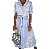 Ru Sweet Women's Embroidered Eyelet Shirt Dresses Belted Puff Sleeve Button Down Swing Boho Cotton Maxi Shirt Dress (Blue,X-Large,X-Large)