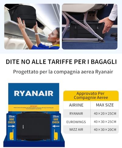 Zaino Ryanair 40x20x25, Zaino da Viaggio da 20L con 10 Tasche, Valigia Bagaglio a Mano Porta PC 14 pollici, Zaini Donna Uomo in PET Riciclato per Trekking e Lavoro（Nero）