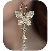 Wekicici Butterfly Rhinestone with Full Rhinestone Pearl Dangle Hoop Earrings Bohemian Crystal Long Tassel Dangle Earrings Fashion Accessories for Women