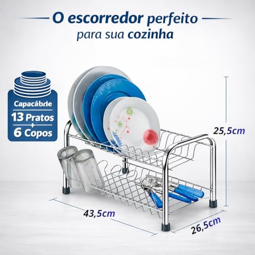 Escorredor de Louça 13 Pratos Duplo Cromado com Porta Copos – Aço Inox, 2 Andares, Alta Capacidade, Anticorrosão Premium