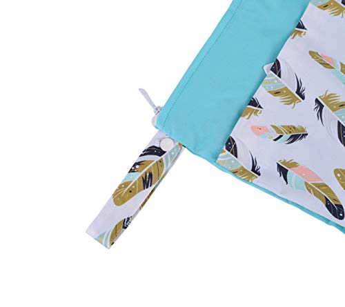 2pcs Cloth Diaper Wet Dry Bags Waterproof Reusable with Two Zippered Pockets Travel Beach Pool Daycare Soiled Baby Items Yoga Gym Bag for Swimsuits or Wet Clothes (Feather & Cacuts) - Thumbnail 4