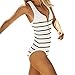 Women's Deep V-neck Zipper One-piece Swimsuit White Black Striped Vest Swimwear