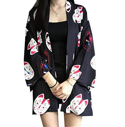 Japanese Kimono Printed Bat Sleeve Loose Cardigan Sun Protection Cosplay Costumes Black/Red,Red,One Size - Thumbnail 3