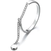 Hebelee Minimalist Disc Promise Ring for Women Silver Plated Link Chain Tassel Charms Dangle Drop Open Wrap Finger Rings Adjustable Comfort Fit Fashion Wedding Holiday Jewelry