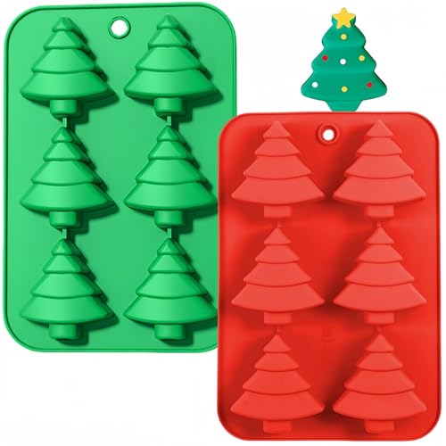 Sweetfamily 2 Pack Christmas Tree Silicone Molds,6 Cavity Candy Baking Trays for Holiday Cakes,Candies,Gummy,Chocolates,Jelly,Soap,Ice Cube,Cookies (Red＋Green)