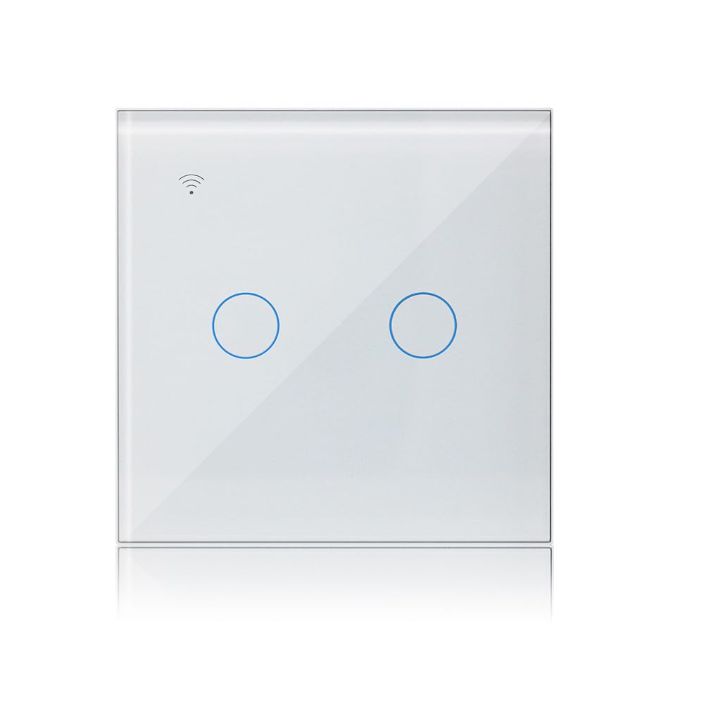 KETOTEK Smart Light Switch WiFi 2 Gang 1 Way Compatible with Alexa, Touch Light Switches White Glass Panel Tuya Smart Life App