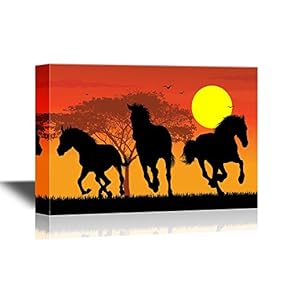 African Savanna Sunset Canvas Wall Art - Galloping Wild Horses and Acacia Tree on African Savannah - Gallery Wrap Modern Home Art | Ready to Hang - 12x18 inches