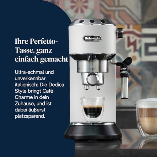 Dedica Style - Perfetto Kompakte Siebträgermaschine Espressomaschine mit Tasten, manuellem Milchaufschäumer für Espresso und Cappuccino, ESE Pad geeignet, 15cm breit, Weiß (EC685.W)