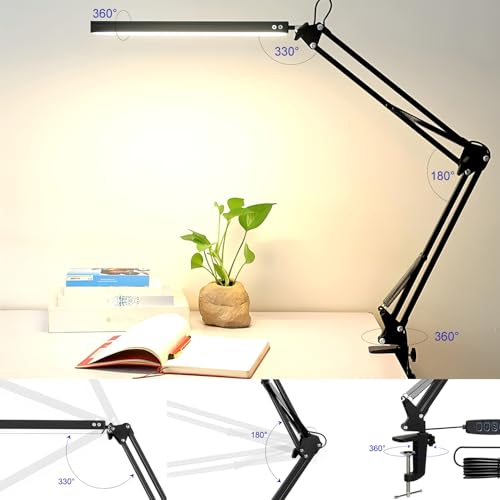 CHARMDOMI Lampara de Escritorio con Brazo Flexible de 360°-Lampara de Mesa,Lamparas Mesa de Trabajo con 3 Ajustes de Colo,Desk Lamp Lámpara de Escritorio Ajustable (Lámpara ajustable negra)