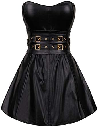 Ferilana Black Gothic Punk Women's Long Torso Boned Corset Bustier Leather Clubwear Dress Zip Back 03#