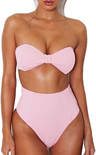 Laucote Woman Strapless Ribbed Lace up High Cut Two Piece Bandeau Bikini Set Pink S