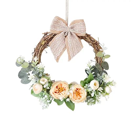 Artificial Peony Wreath Handmade Flower Wreath with Green Leaves Spring Grapevine Wreaths Wall Hanging Pendant for Door Farmhouse Party Wedding Home Decor