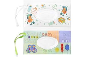 FULUSHOUXI Baby Wipes Dispenser, 2 Pcs Refillable Travel Baby Wipes Container, Reusable Wipe Holder, Baby Wet Wipe Pouch, Portable Baby Wipe Dispenser, Wipe Bags for Travel, Cute Cartoon Pattern