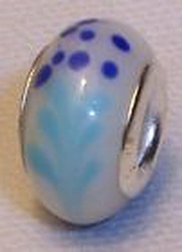 Blazers Jewelry 1985 White Blue Fern Leaf Polka Dot Glass Bead fits Silver European Charm Bracelets