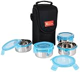 Solimo Stainless Steel Lunch Box Set with Bag, 300ml, 4-Pieces, Blue