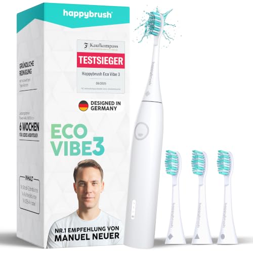 happybrush® Schallzahnbürste Eco Vibe 3 – "Die Höhle der Löwen" – TESTSIEGER – Elektrische Zahnbürste mit 6 Wochen Akku – Ultraschall Zahnbürsten – In