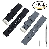 Rubber Watch Band Pack of 2 - 18mm 20mm 22mm Silicone Quick Release Watch Strap Stainless Steel Buckle (Black+Smoke Grey, 20mm)