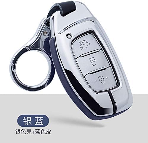 OIFMKC Car Key Cover Zinc alloy Genuine Leather car key case cover For Hyundai Verna Sonata Elantra Tucson Auto Creta I10 I20 Santa Fe2016 2017 2018,A,silver blue