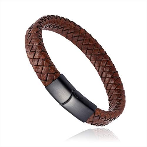 Mens Bracelet Leather Braided Bracelet, Green Black Bead and Magnetic-Clasp Leather Bracelet for Men