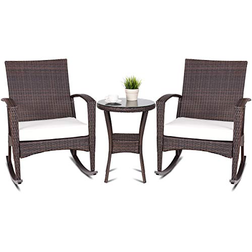 TANGKULA 3PCS Outdoor Patio Wicker Rattan Rocker Chairs and Side Table Set Rocking Sofa W/Cushio ...