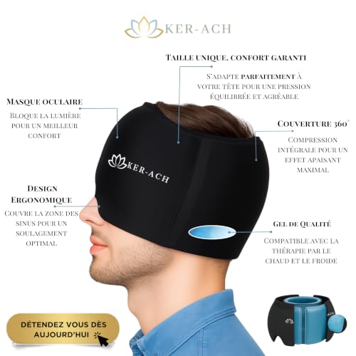 KER-ACH Cold and Hot Migraine Mask | Reusable 360° Gel Cap | Migraines, Headaches, Headaches, Sinus, Stress | Compression Eye Mask | Men and Women | eBook Free