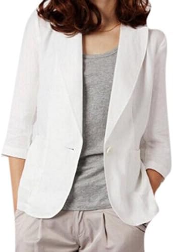 Friendshop Womens Linen 3/4 Sleeve Single Button Slim Fit Suit Coat Jacket Blazer