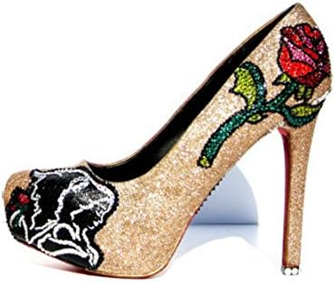 Wicked Addiction Woman's Beauty and The Beast Golden Glitter Crystal Platform Bridal Heels