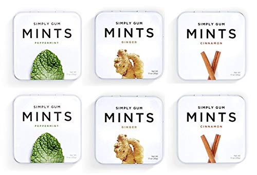 Natural Breath Mints by Simply Gum | Variety Pack - Peppermint, Ginger, Cinnamon | Pack of Six (270 Pieces Total) | Plant-Based + Aspartame-Free + non-GMO