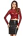 MAKEMECHIC Women's Long Sleeve Sexy Sheer Blouse Mesh Lace Crop Top Burgundy L