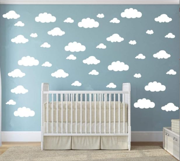 33 Pcs Clouds Wall Decals - Removable Vinyl Stickers for Nursery Children Bedroom Decor or Any Room- Large Cloud Decals - DIY Home Art Mural - Peel and Stick Decals - White