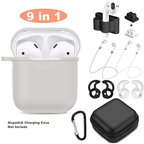 AirPods Case 9 In 1 Airpods Accessories Kits Protective Silicone Cover and Skin Compatible Apple Airpods Charging Case with Airpods Ear Hook/Tips/Airpods Strap/Clips/Watch Holder (Upgrade Gray)