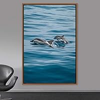 Framed Canvas Wall Art Fish on The Surface Bedroom Dolphin Marine Life Multicolor Nautical Photography - 16x24 inches