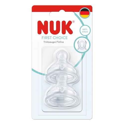 NUK First Choice Baby Bottle Teats | 0+ Months | Anti Colic Feeding Bottle Teats | Silicone | Small | 2 Count