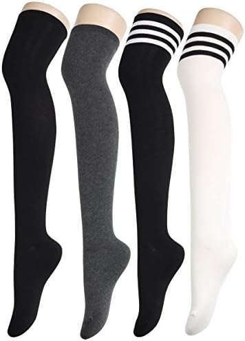 Women's Over the Knee Thigh High Socks 4 Pack, Black/Grey/Ivory, One Size