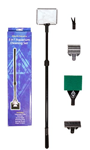 Atlantis Aquatics 5 in 1 Aquarium Cleaning Tools w/Telescopic Handle – 4 Inch Fish Net Algae Scraper Aquascaping Tool Gravel Cleaner Rake Algae Scrubber (Sponge Brush) – Long Handle Fish Tank Cleaner