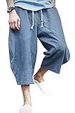 Banana Bucket Men's Patchwork Shorts Loose Linen Harem Capri Pants, Light Blue, XL