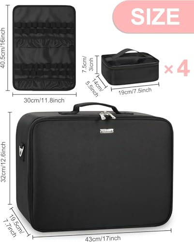 Relavel XXL Professional Makeup Case with Brush Holder, 4 Clear Pockets, Lipstick Tray, Shoulder Strap and Adjustable Compartments for Makeup Artists