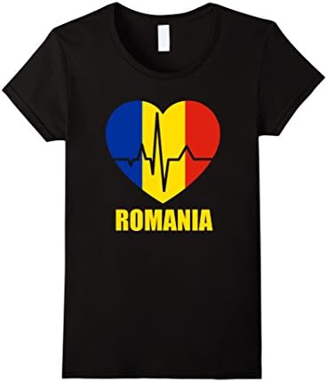 Women's Romania Love Heartbeat Flag Gift Pride T-Shirt Small Black