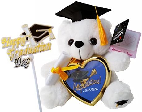 Best Graduation 2017 Extra Plush Animal Teddy Bear with Black Cap Diploma Holding a Gold Heart Picture Frame (White Color 7"x8"x6") &amp; Graduation Pick Black