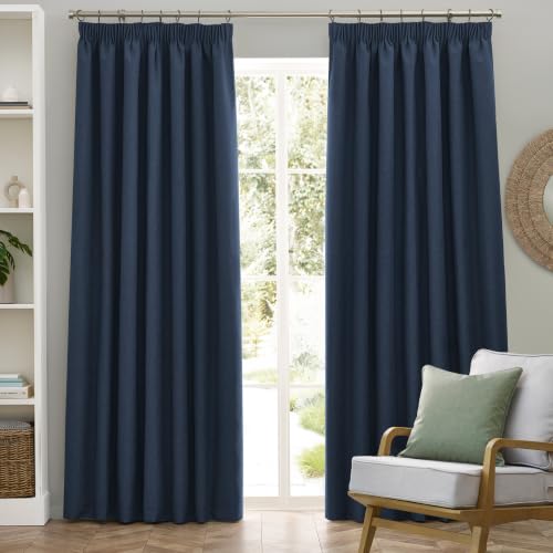 furn. Dawn Textured Blackout Pencil Pleat Curtains – Thermal Lined Pair (Blue - Width 168 x Drop 229cm)