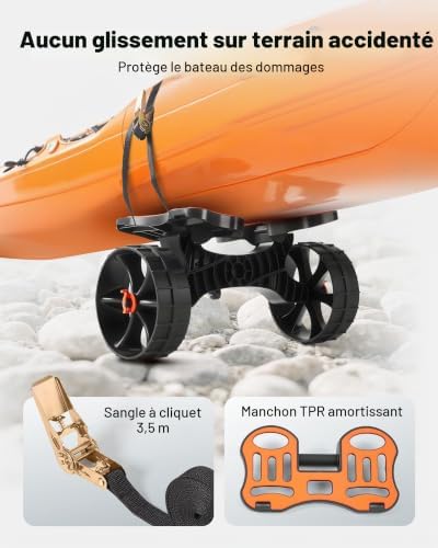 Chariot de Kayak, Capacité de Charge 136 kg, Chariot de Transport Paddle Pliable Compact, avec Pneus Caoutchouc Plein 25,4 cm, Pieds de Support, Sangle d'Arrimage, pour Kayaks, Canoës, Paddles