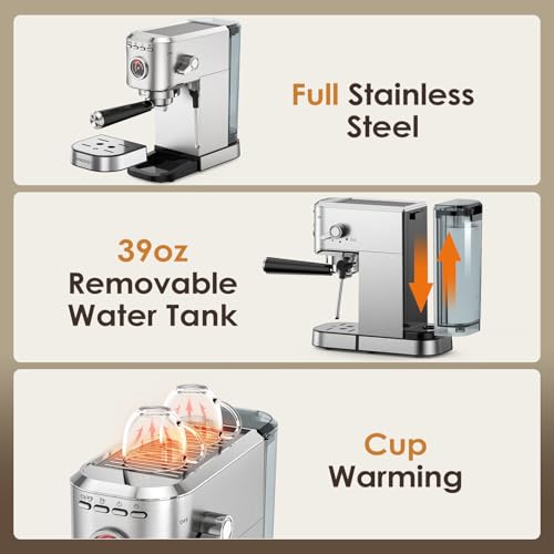 Spacekey Espresso Machine with Milk Frother, 20 Bar Compact Expresso Coffee Machines for Home, Stainless Steel Espresso Maker with 39oz Removable Water Tank for Cappuccino Latte, Fast Heating, Silver