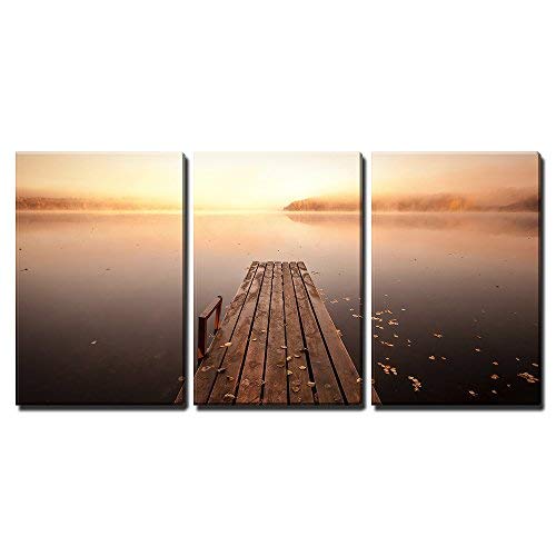 Small Wooden pier on Still Lake in Autumnal Foggy Morning with Rising Sun Home Art x3 Panels