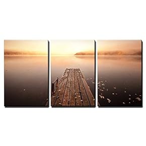 3 Piece Canvas Wall Art - Small Wooden pier on Still Lake in Autumnal Foggy Morning with Rising Sun - Modern Home Art Stretched and Framed Ready to Hang - 16"x24"x3 Panels