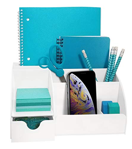 Office Desk Organizer, Acrylic, with Drawer, 9 Compartments, All in One Office Supplies and Cool Desk Accessories Organizer, Pen Holder, Enhance Your Office Decor with This Desktop (White)
