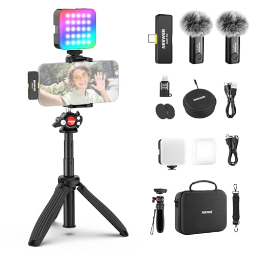 NEEWER Vlogging Kit for Phone with RGB LED Light/Lavalier Wireless Microphone System/Selfie Stick Phone Tripod, Content Creator Essentials for iPhone Android Podcast YouTube, PA048